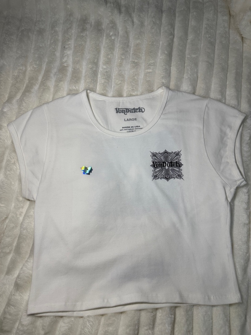 Von Dutch White Short Sleeve Cropped Tee with Black Logo